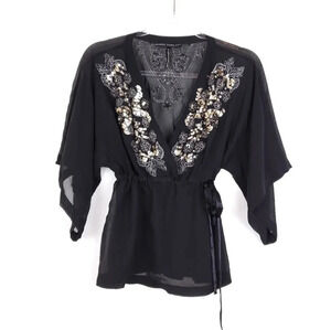 Sandra Angelozzi Silk empire waist, tie waist sheer Beaded blouse